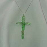 Green Titanium Quartz Cross necklace 3" with Silver tone chain