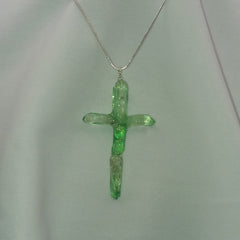 Green Titanium Quartz Cross necklace 3" with Silver tone chain