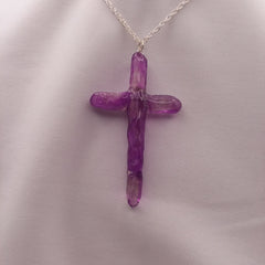 Quartz Titanium Purple Cross necklace 3 3/4" with Silver tone chain