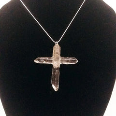 Clear Quartz Crystal Cross 4 Points necklace apx. 2 3/4" with Silvertone Chain