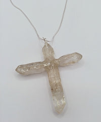 Clear Quartz Crystal Cross necklace 2 7/8" with a silvertone 22" adjustable chain