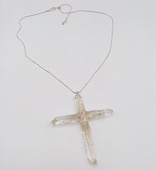 Clear Quartz Crystal Cross necklace 3 1/4" with a silvertone 22" adjustable chain