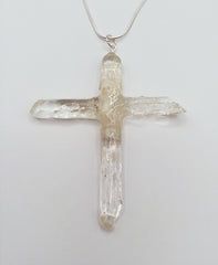 Clear Quartz Crystal Cross necklace 3" with a silvertone 22" adjustable chain