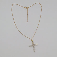 Clear Quartz Crystal Cross 4 Points necklace apx. 1 5/8" with a Goldtone Chain