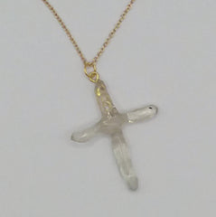 Clear Quartz Crystal Cross 4 Points necklace apx. 1 5/8" with a Goldtone Chain