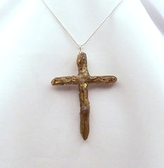 Gold Quartz Titanium 3" Cross necklace with 30" Silvertone chain