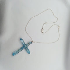 Blue Titanium Quartz Cross necklace 2 1/2" with Silvertone chain