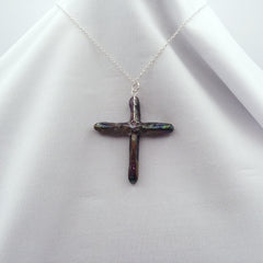 Rainbow Titanium Quartz Cross necklace 2 1/8" with Silvertone chain