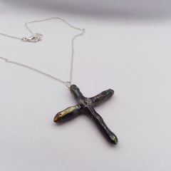 Rainbow Titanium Quartz Cross necklace 2 1/8" with Silvertone chain