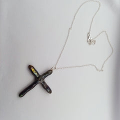 Rainbow Titanium Quartz Cross necklace 2 1/8" with Silvertone chain