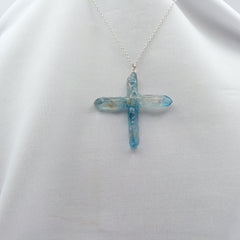 Blue Titanium Quartz Cross necklace 2" with Silvertone chain
