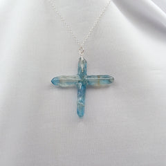 Blue Titanium Quartz Cross necklace 2" with Silvertone chain