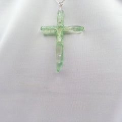 Titanium Green Quartz Cross necklace 3" with Silvertone chain
