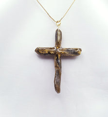 Gold Titanium Quartz Cross necklace apx. 3" long with Goldtone chain