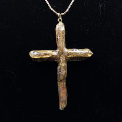 Gold Titanium Quartz Cross necklace apx. 3" long with Goldtone chain
