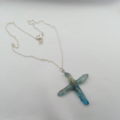 Quartz Cross Titanium Blue necklace 2" with Silvertone chain