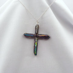 Rainbow Titanium Quartz Cross necklace 2 3/8" with Silvertone chain