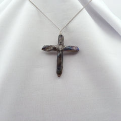 Rainbow Titanium Quartz Cross necklace 2" with Silvertone chain