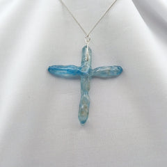 Titanium Blue Quartz Cross necklace 2 5/8" with Silvertone chain