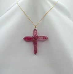 Red Titanium Quartz Cross necklace 2" with Goldtone Chain