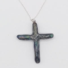 Rainbow Titanium Quartz Cross necklace 2" with Silvertone Chain