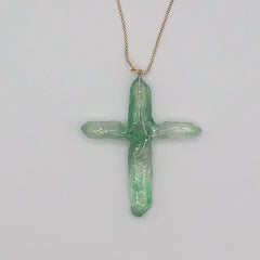 Green Titanium Quartz Cross necklace 2 3/4" with Goldtone chain