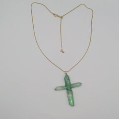 Green Titanium Quartz Cross necklace 2 3/4" with Goldtone chain