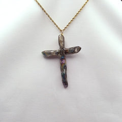 Rainbow Titanium Quartz Cross necklace 2 3/4" with Gold Chain