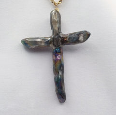 Rainbow Titanium Quartz Cross necklace 2 3/4" with Gold Chain