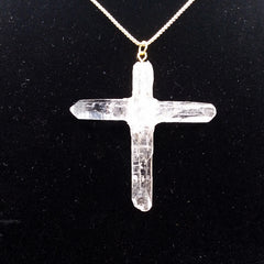 Clear Quartz Crystal Cross necklace 2 1/8" with gold tone loop and 22' adjustable chain