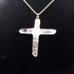 Clear Quartz Crystal Cross necklace 2 1/8" with gold tone loop and 22' adjustable chain