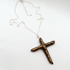 Gold Titanium Quartz Cross necklace 2 1/4" with Silver tone chain