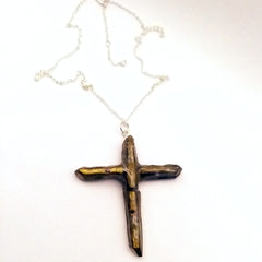 Gold Titanium Quartz Cross necklace 2 1/4" with Silver tone chain