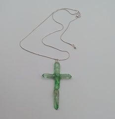Green Titanium Quartz Cross necklace 3" with Silver tone chain